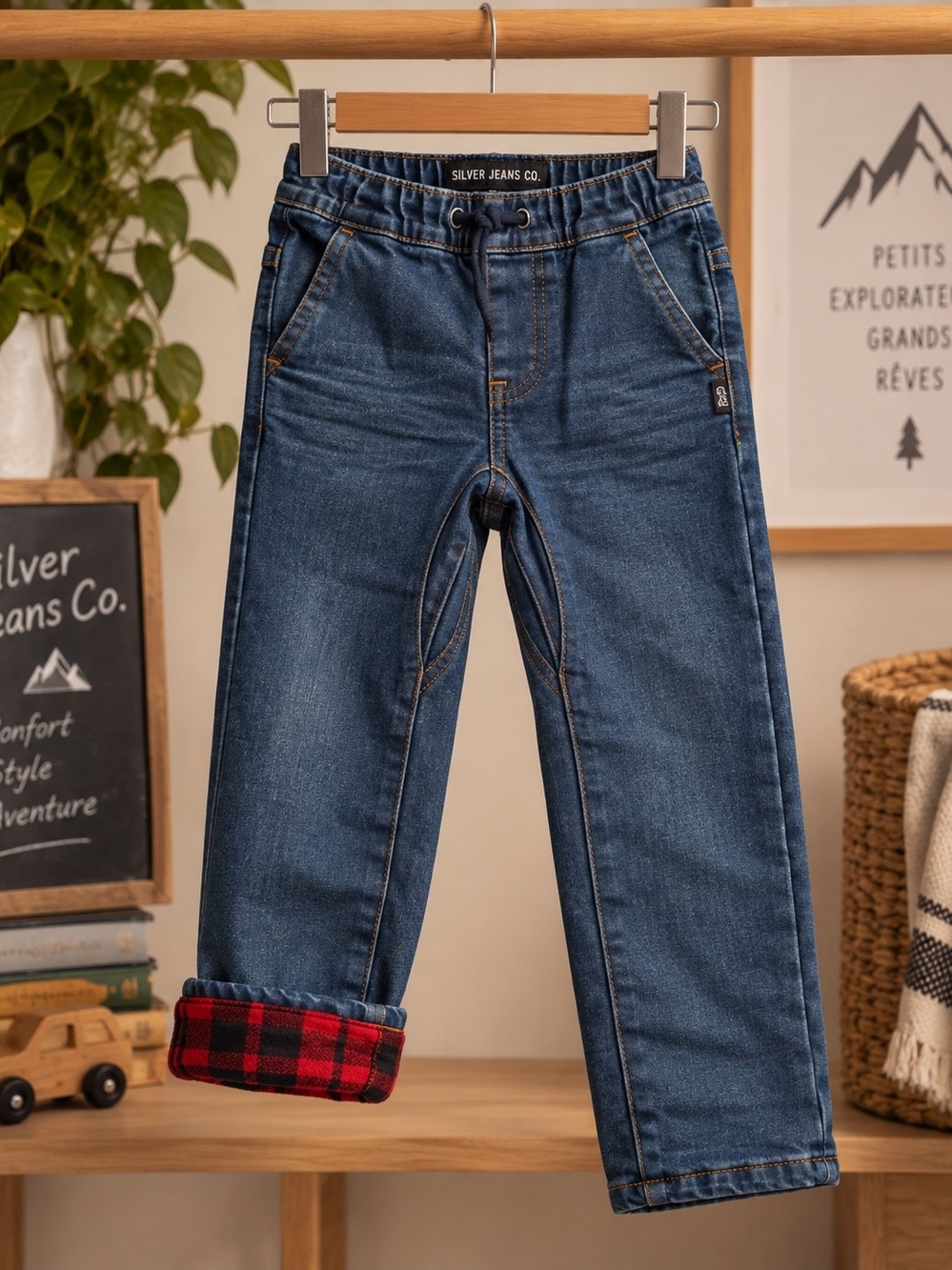 Silver Jeans Kids Dark Blue Jeans with Red Plaid Lining